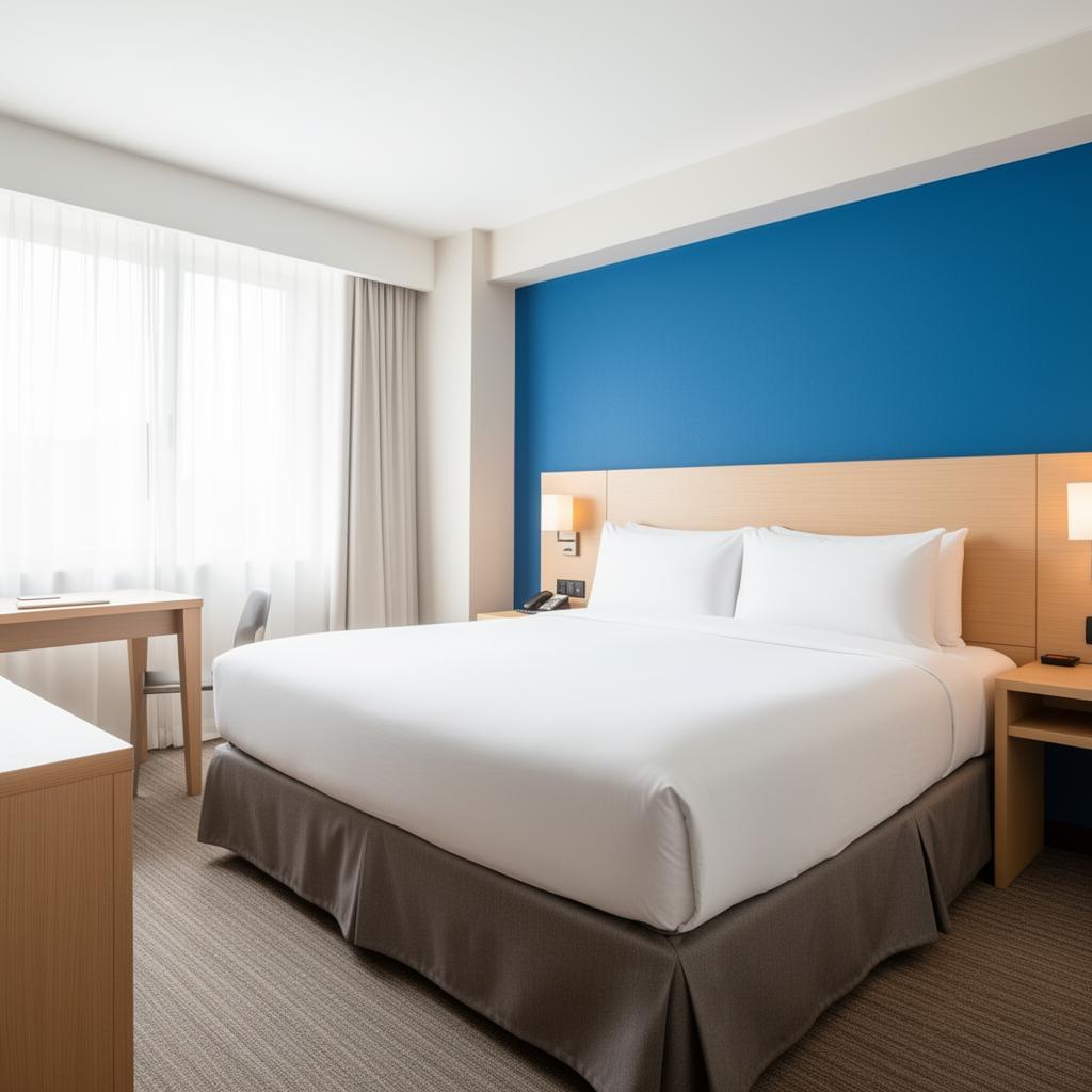 Bright standard room with blue accent wall