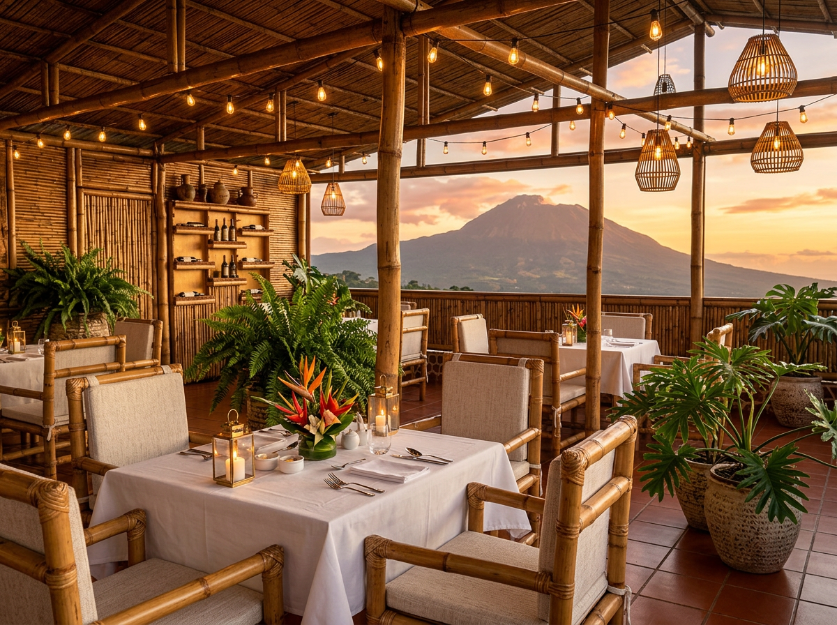 Open-air terrace bar built with bamboo and wood overlooking Mount Cameroon